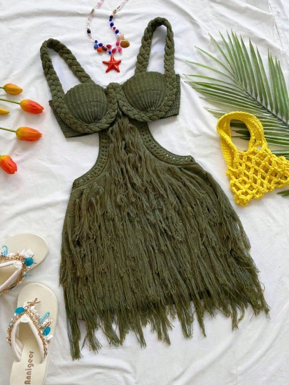 Army Green Sexy Women's Spaghetti Strap Braided Mini Dress - Festival Outfit